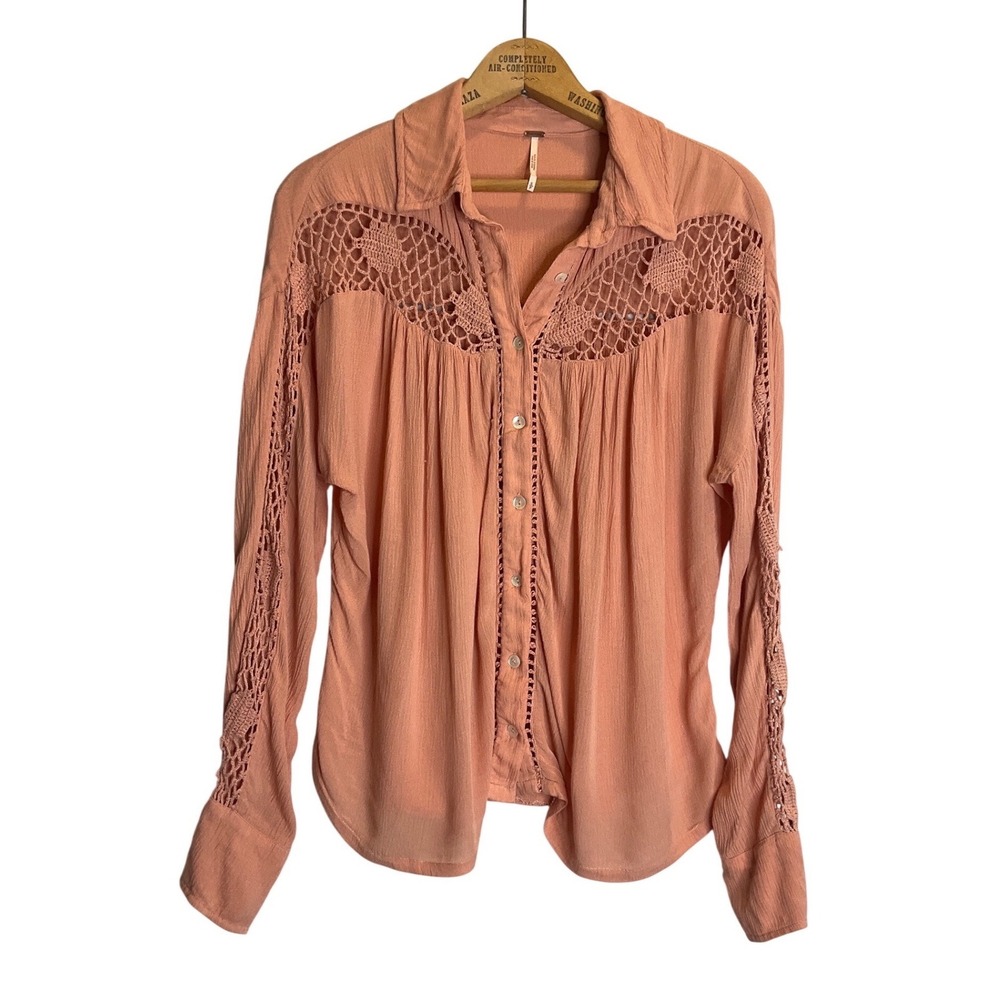 Free People Button Front Crotchet Lace Collared Boho Blouse Peasant Feminine